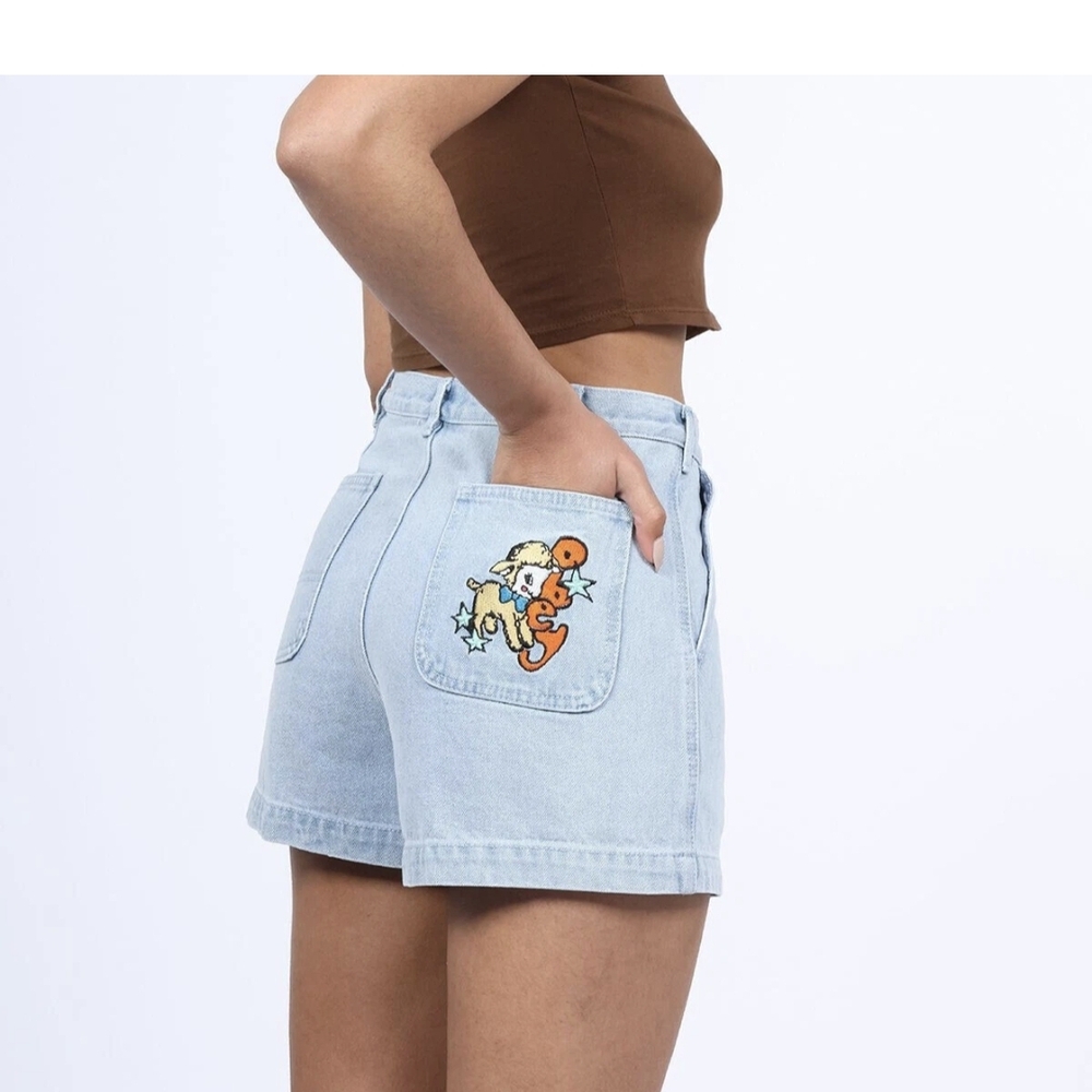 Nwt Obey High Waisted Women's Light Blue Denim Shorts with Cartoon Patch